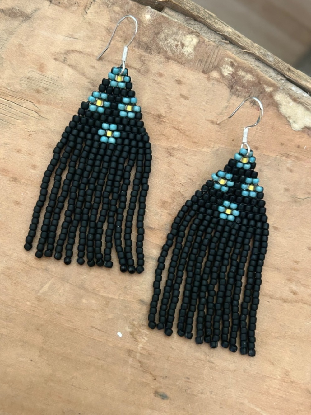 {Forget-me-nots on black} Handmade Beaded Earrings 2.75" on Sterling Silver